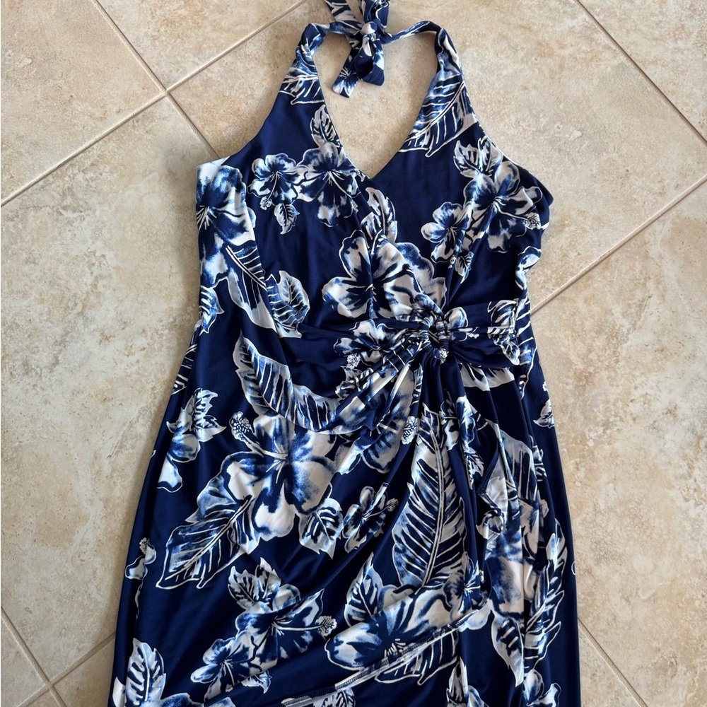 Tommy Bahama Navy and White Leaf Print Dress